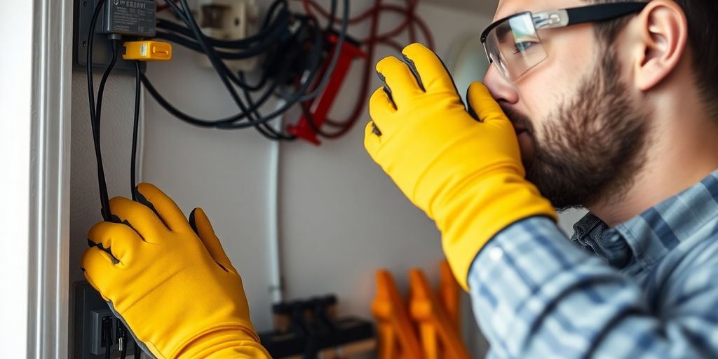Electrician inspecting wiring with safety gear in focus.