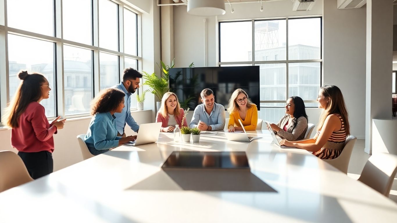 Team collaborating in a bright, modern office.