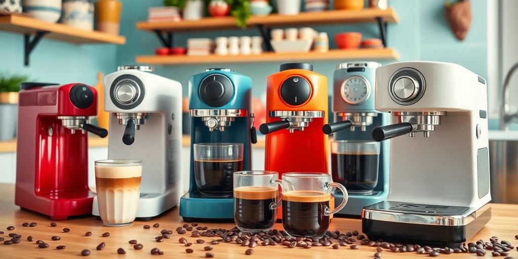 Verschiedene Kaffeemaschinen in einer einladenden Küchenszene.