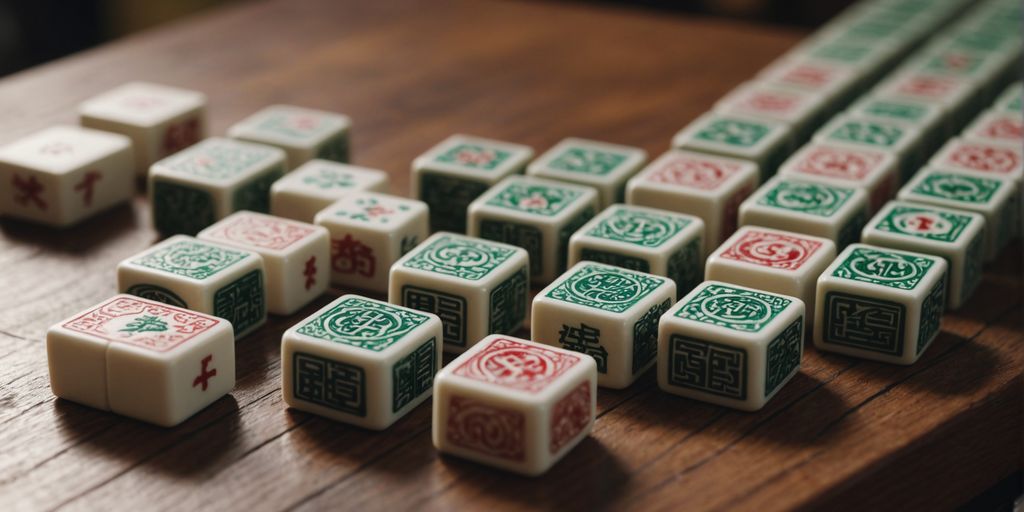 Hand-carved mahjong tiles displayed on a wooden table.