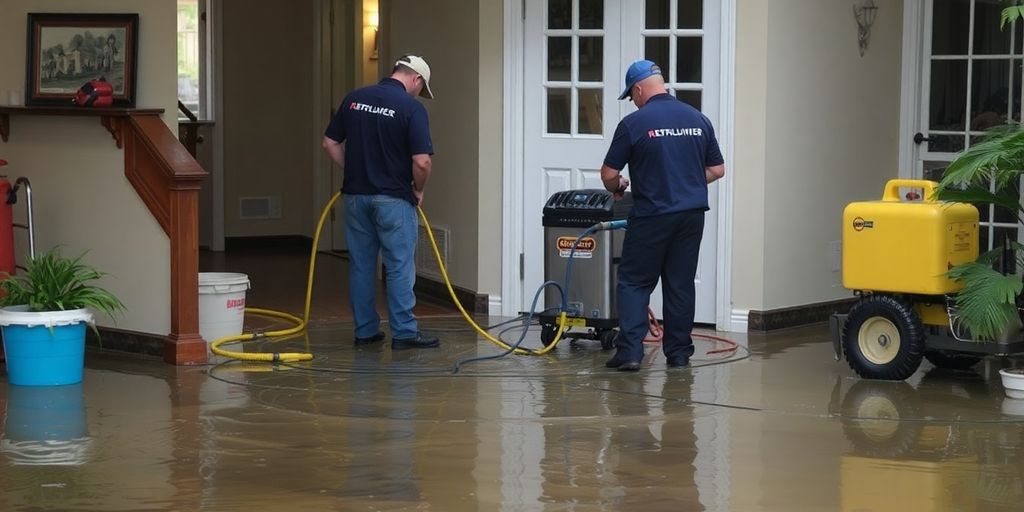 Water damage restoration team working in flooded area.