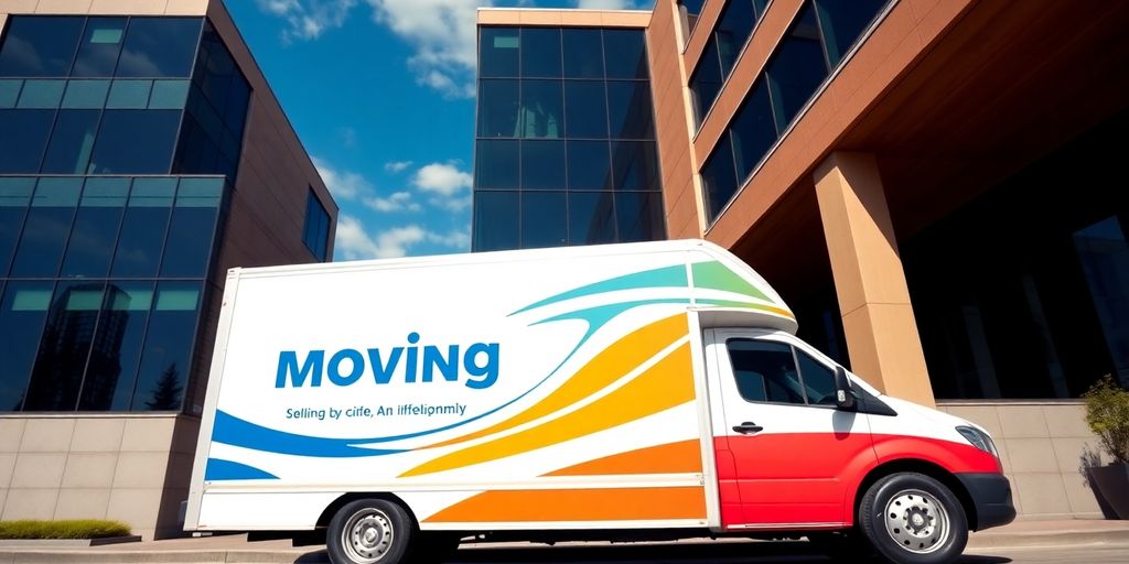 Moving truck outside an office building with blue skies.