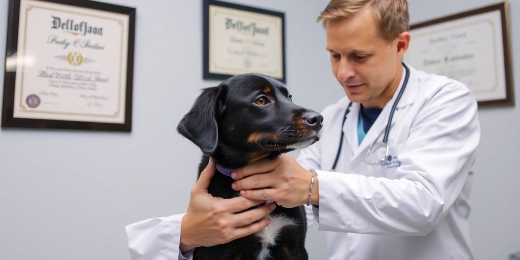 Veterinarian with pet in clinic, displaying professional environment.