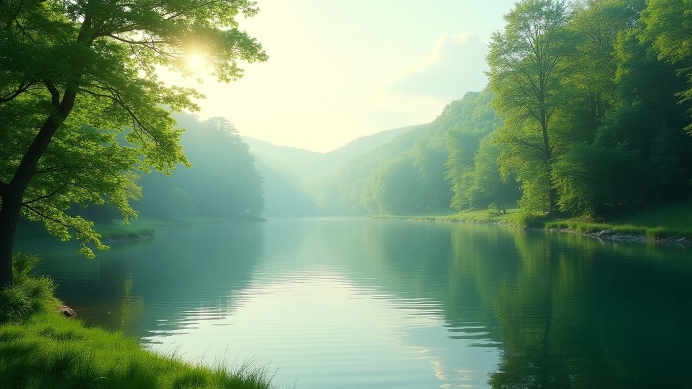 Tranquil landscape with a calm lake and trees.