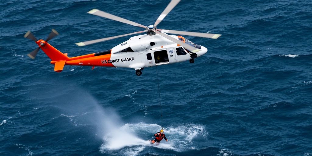 A US Coast Guard helicopter hovers over a rough ocean.