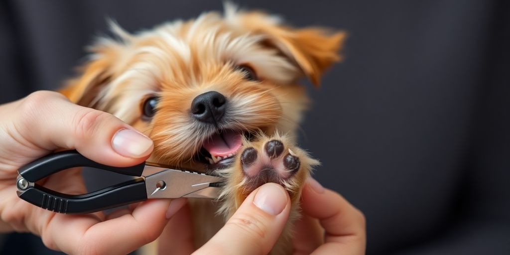 Groomer gently trimming a dog's paw with clippers.