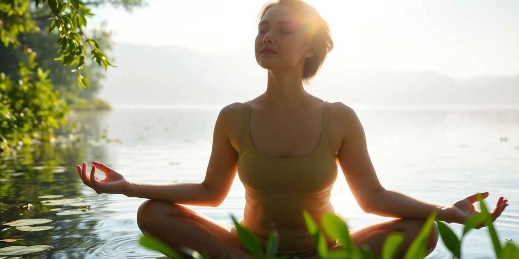 Person meditating peacefully outdoors surrounded by nature.