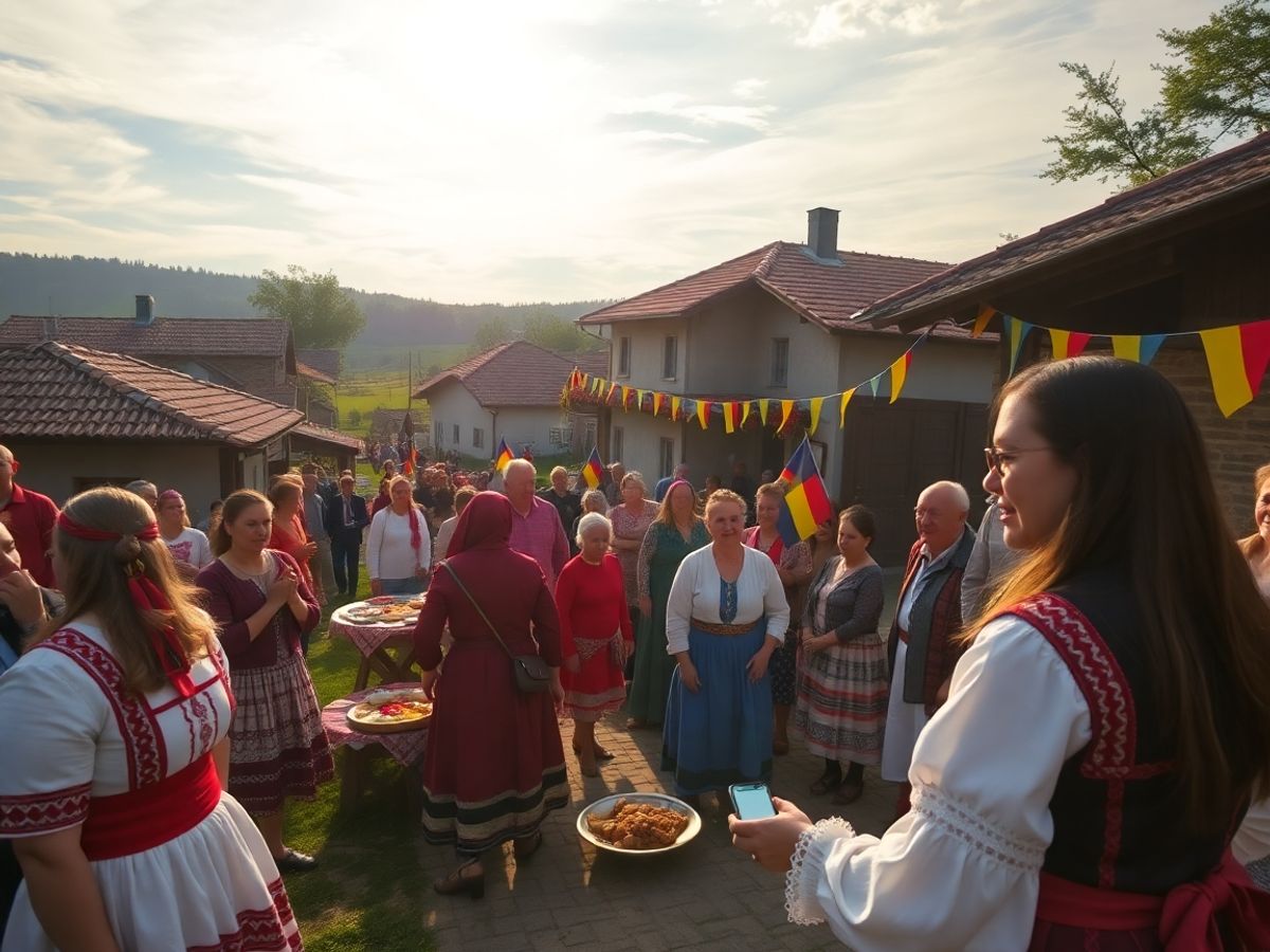 Oameni îmbrăcați tradițional la un eveniment rural.