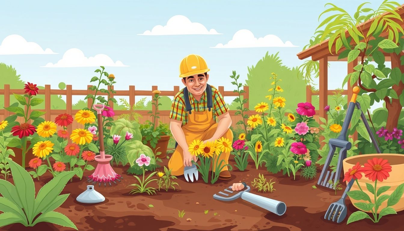 Labourer planting flowers in a garden