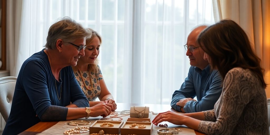 Discussion familiale sur des bijoux d'héritage.