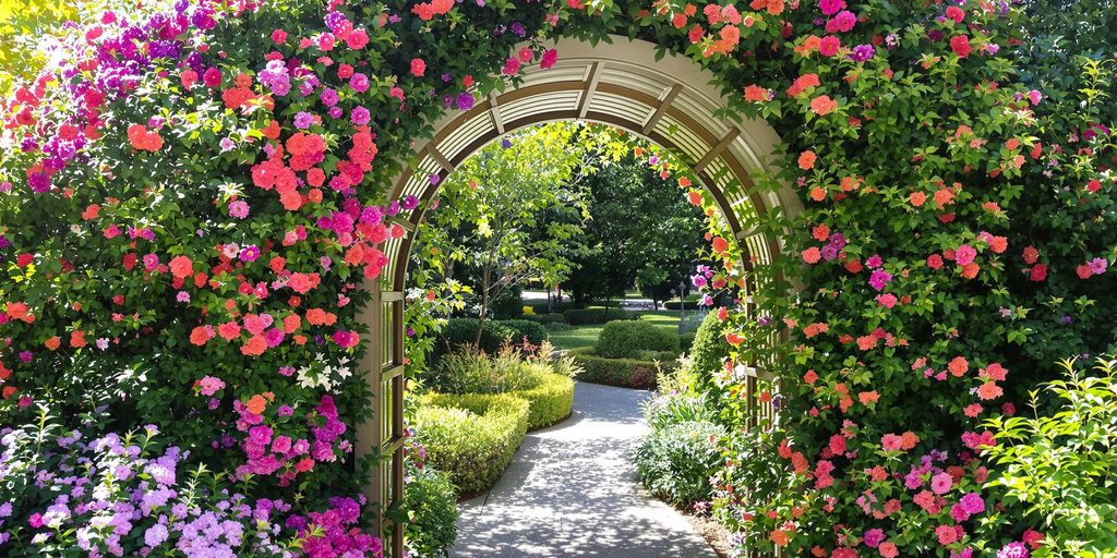 Decorative arch with flowers and greenery in front yard.