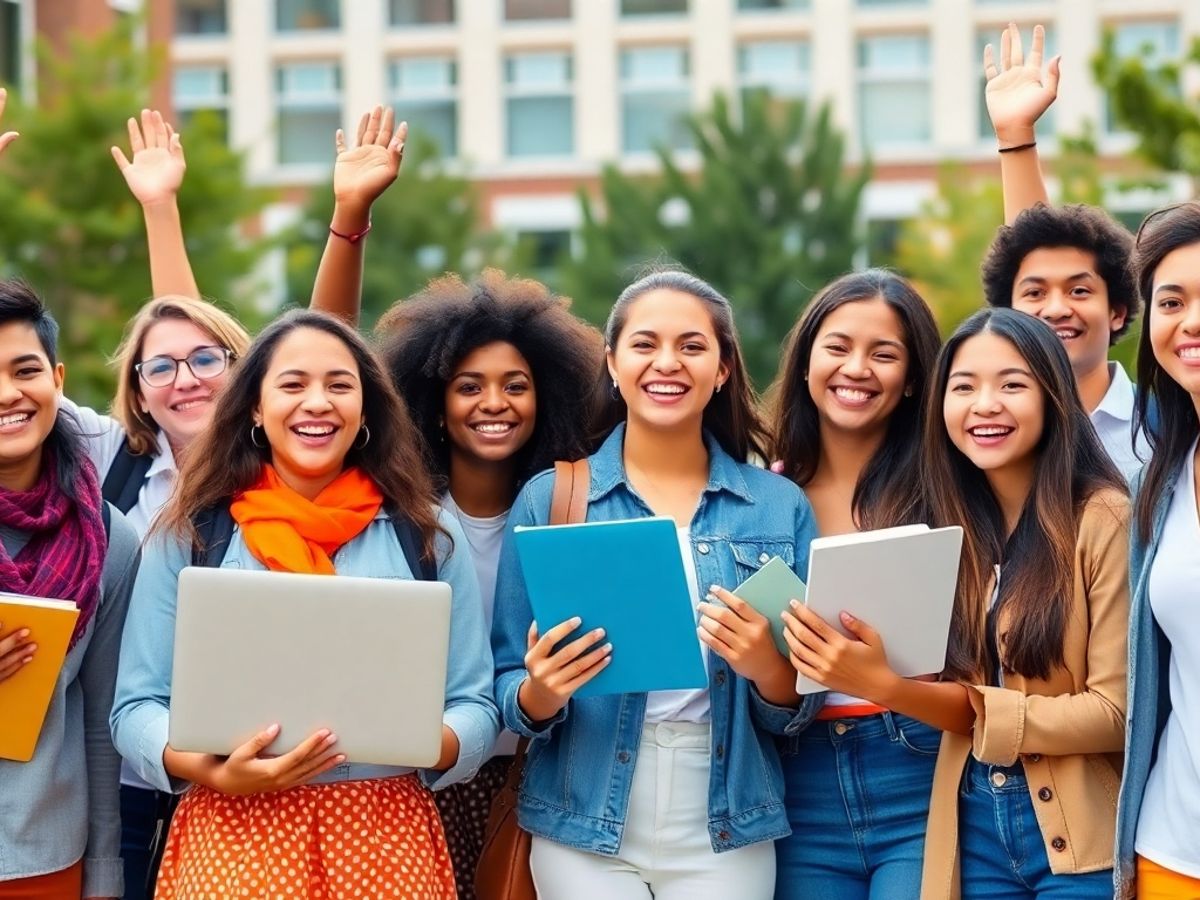 Students celebrating scholarship success outdoors with books.