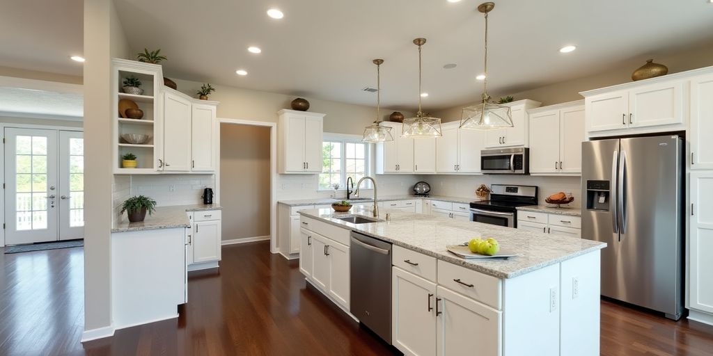 Modern kitchen remodel with elegant design and bright lighting.