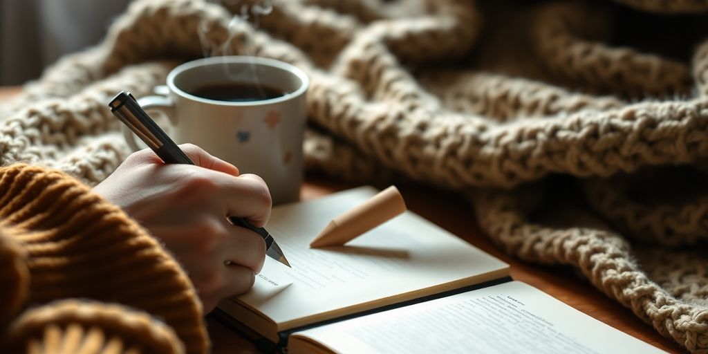 Hand writing in notebook with coffee and cozy blanket.