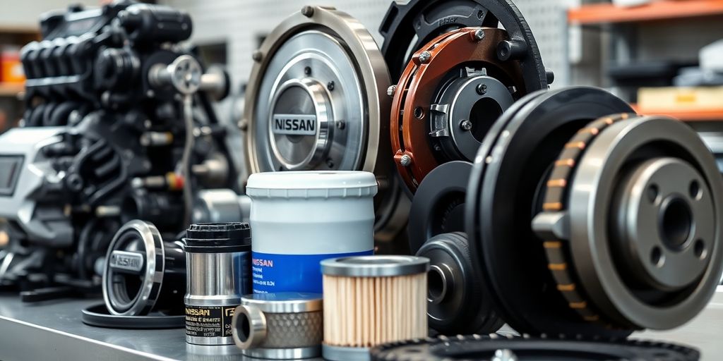 Quality Nissan auto parts neatly arranged on a workbench.