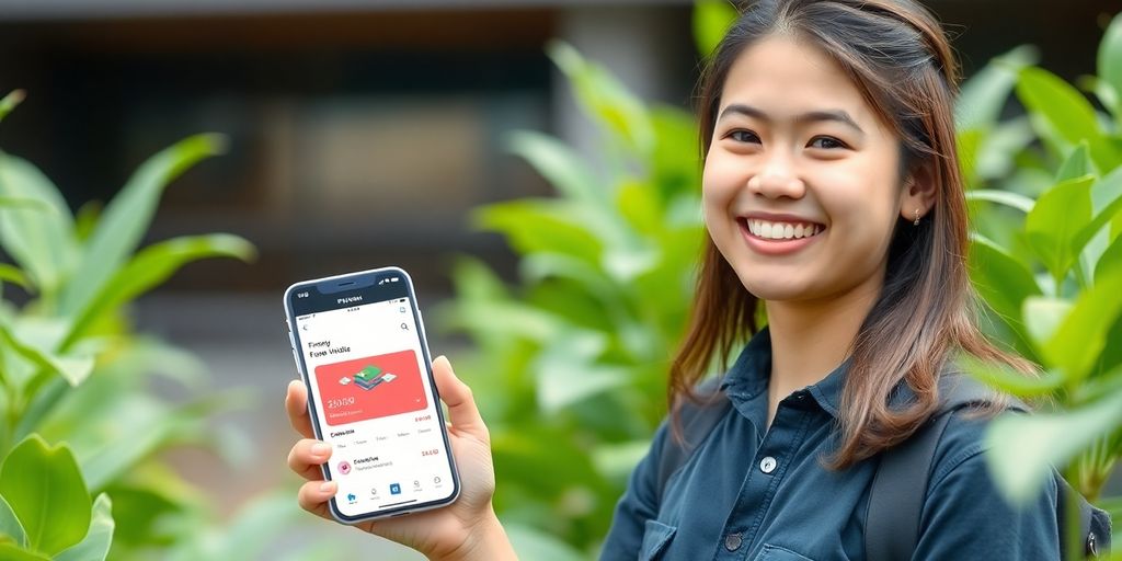 Estudante sorrindo com dinheiro e aplicativo em smartphone.