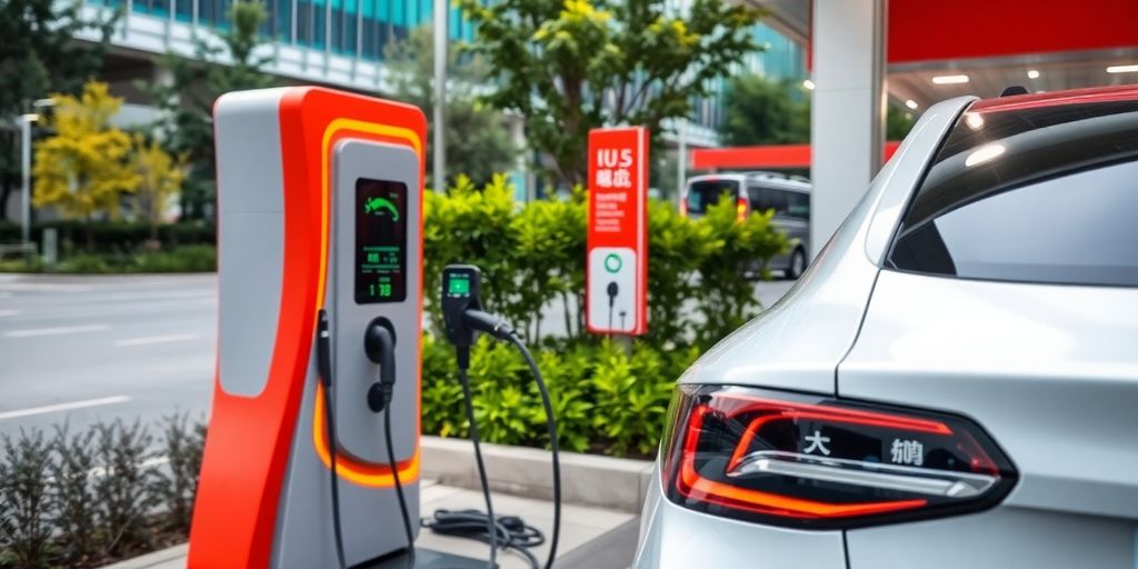 Electric vehicle charging station with modern design and greenery.