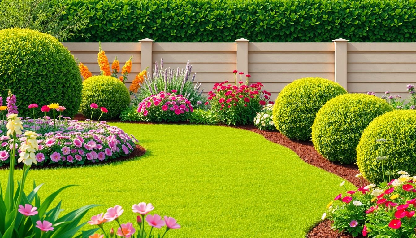 Well-maintained garden with flowers and trimmed bushes.