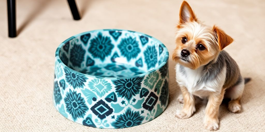 Stylish patterned dog bowl with a dog nearby.