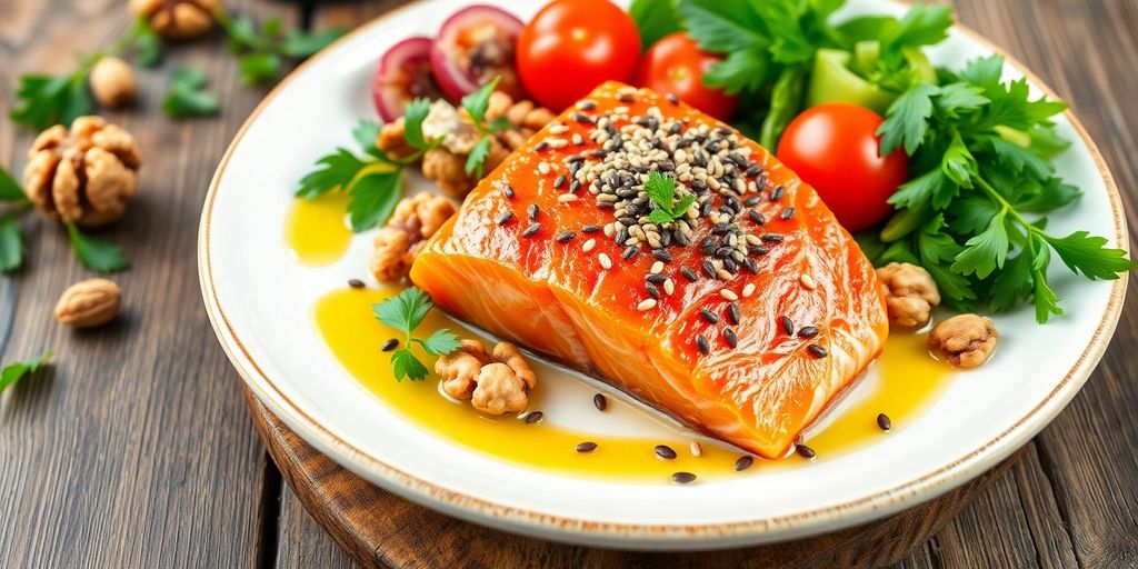 Colorful dish with salmon, walnuts, and chia seeds.