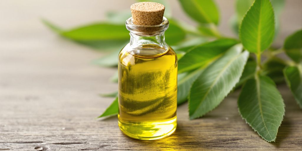 Glass bottle of castor oil with green leaves.