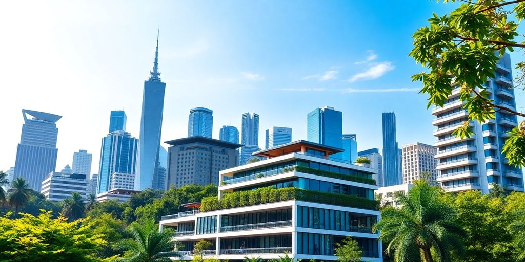 Thai skyline with modern buildings and greenery.