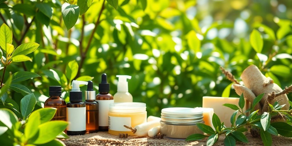 Natural skincare products in a green, serene environment.