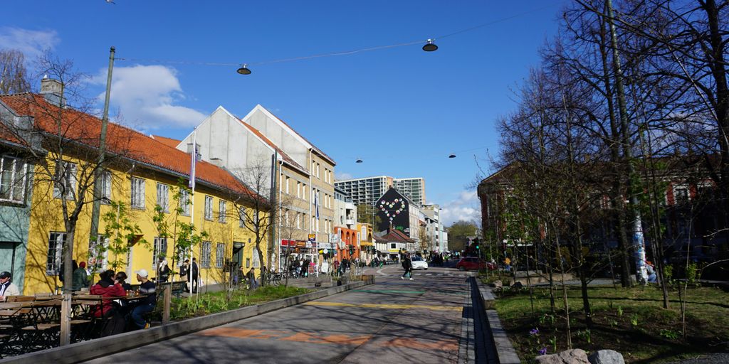 a city street lined with tall buildings and trees