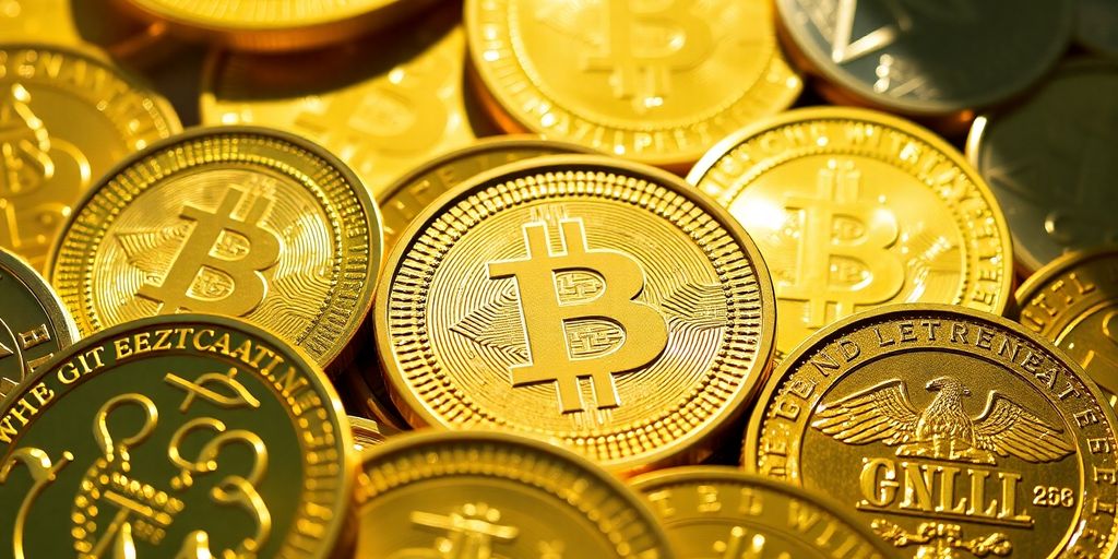 Différentes pièces d'or brillantes sur fond neutre.