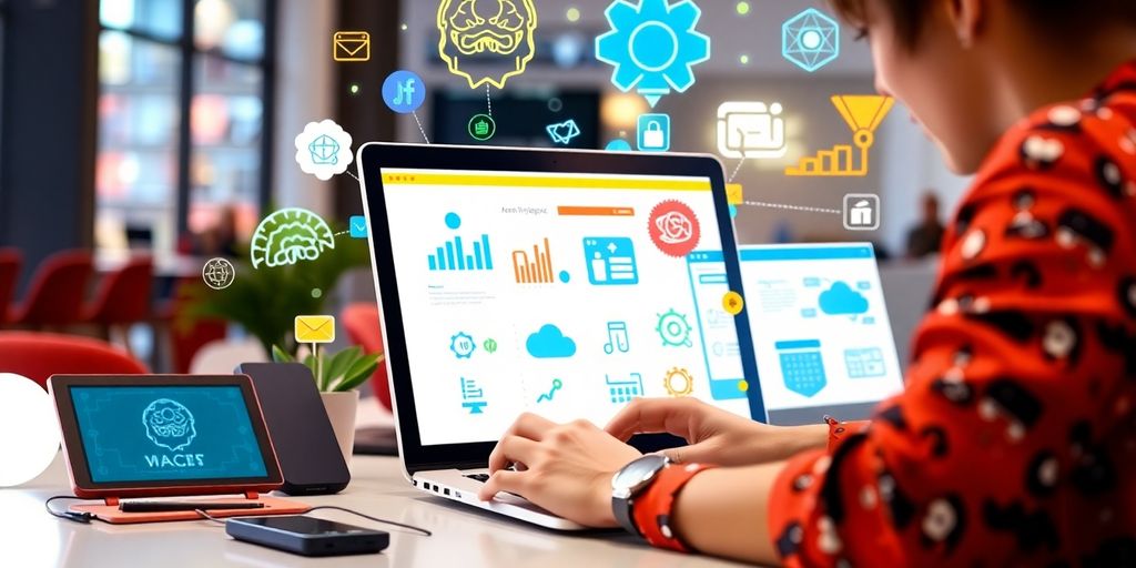 Pessoa utilizando ferramentas digitais e ícones de IA.