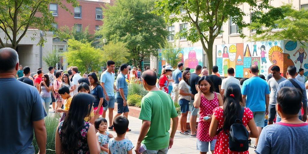 Community gathering in a restored public space with greenery.