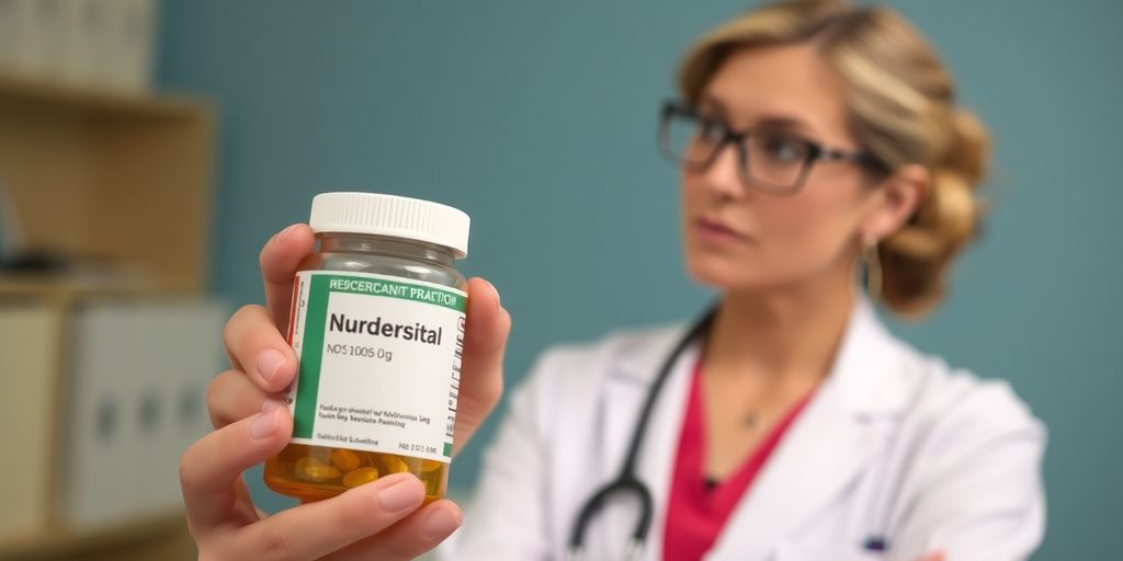 Nurse practitioner examining medication bottle.