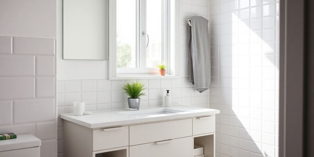 Modernt IKEA badrum med smarta förvaringslösningar och minimalistisk design.