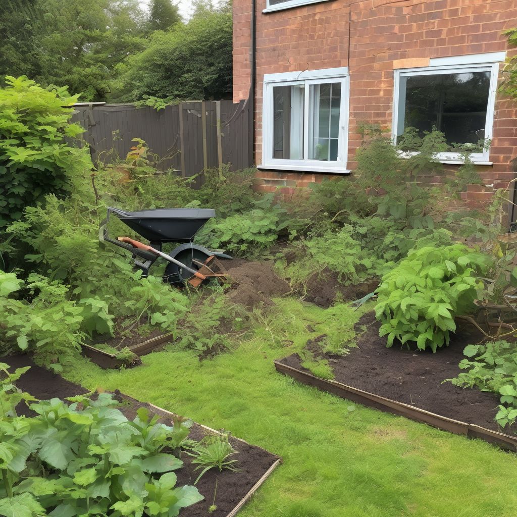 overgrown garden being cleared with tools and fresh soil preparation
