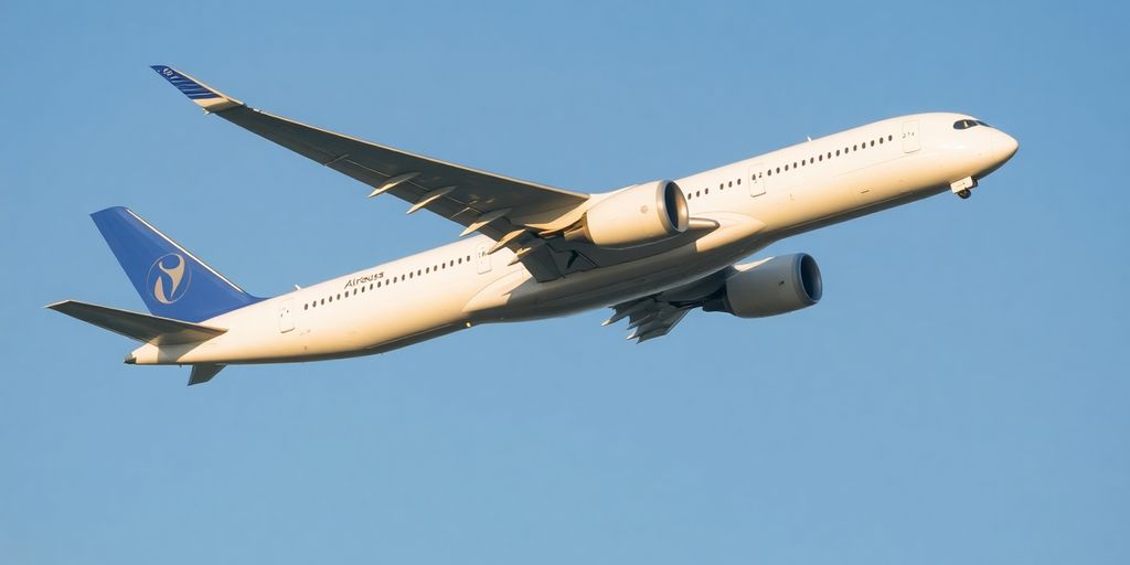 An Airbus A350 flying through the sky.