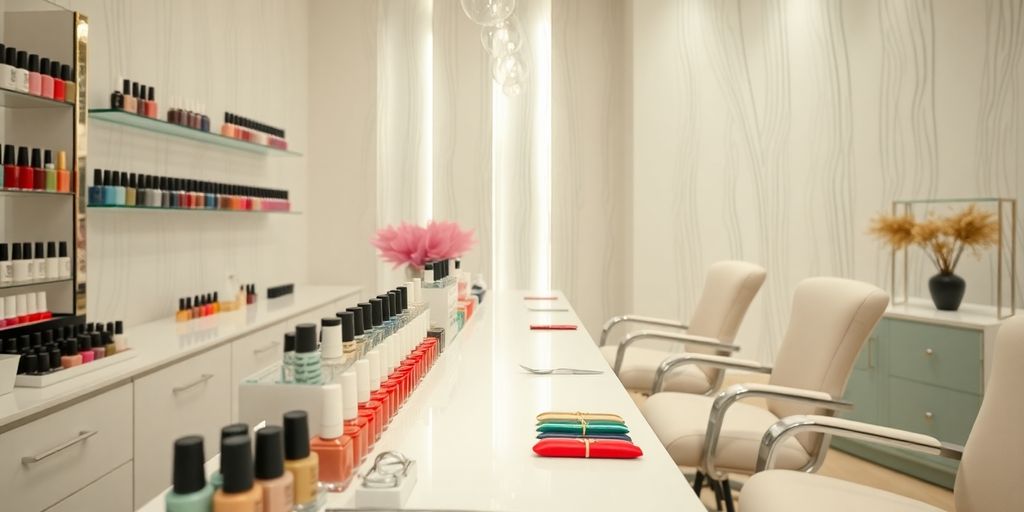 Elegant nail spa featuring colorful polishes and tools.