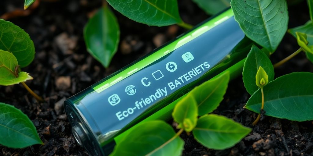 Eco-friendly battery among green leaves and soil.