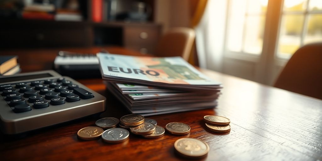 Table, calculatrice, billets, pièces