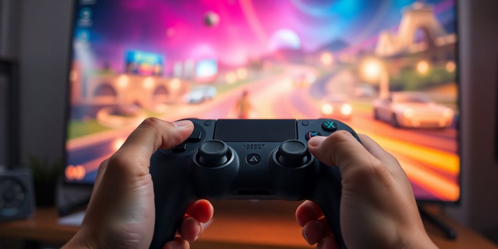 Primo piano di controller di gioco e schermo luminoso.