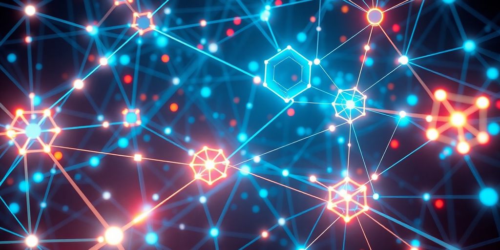 Interconnected digital network with glowing lines and abstract shapes.