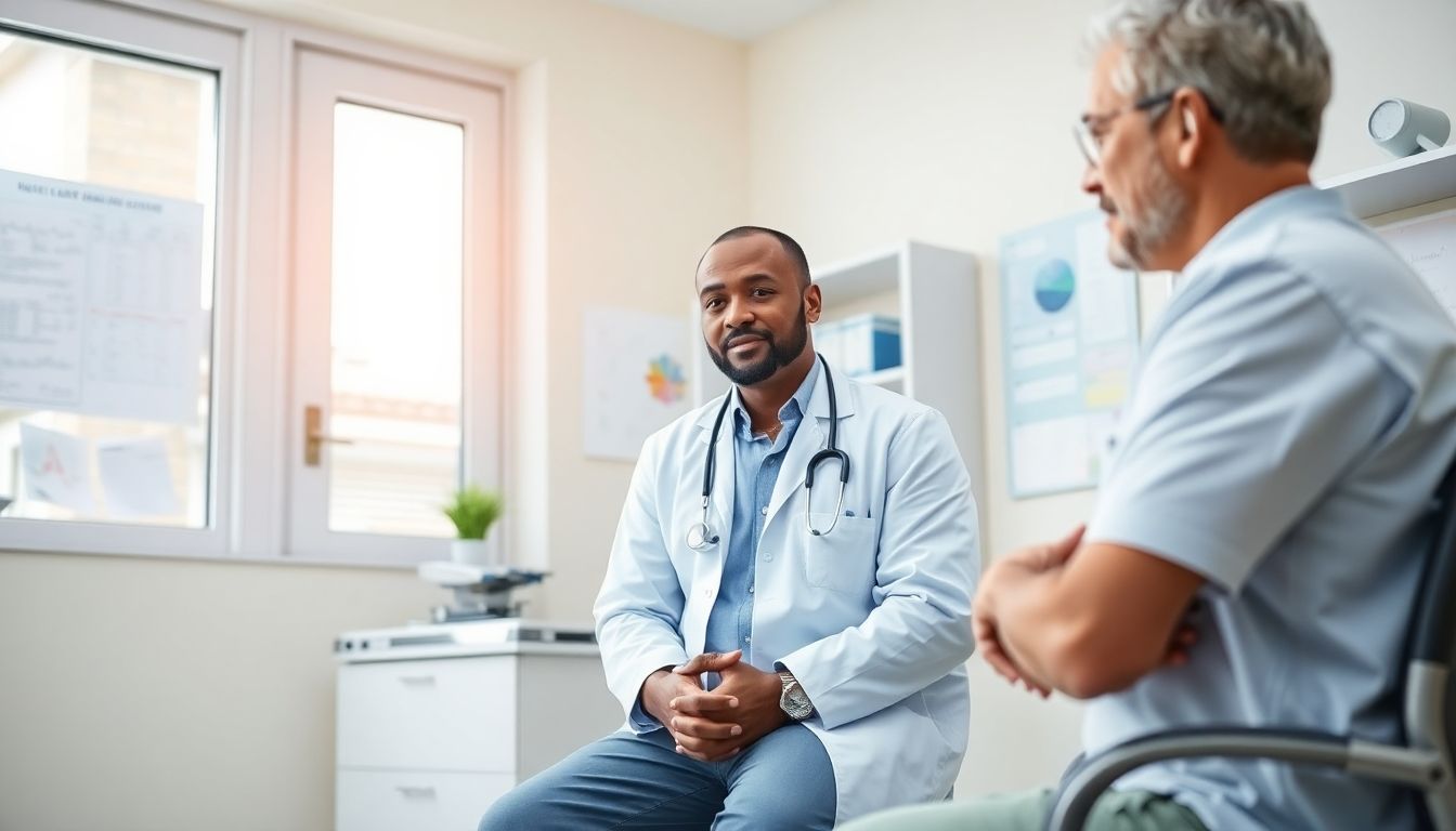 Mononukleose: Doctor consulting with patient in a bright office.