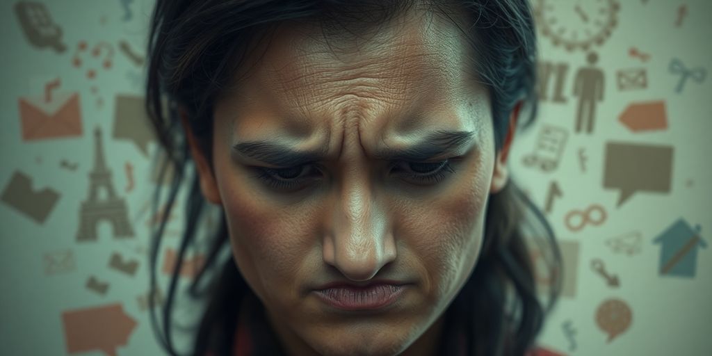 Person looking anxious amidst chaotic thought imagery.