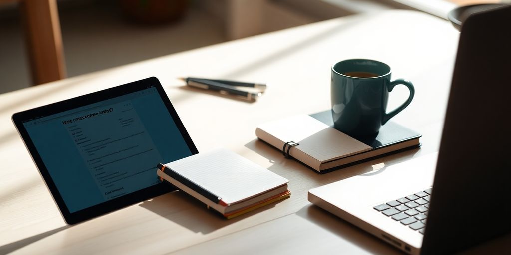Workspace with laptop, notepad, and coffee cup.