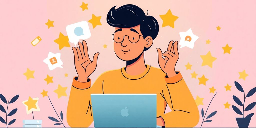 Person engaging with online reviews and feedback icons.