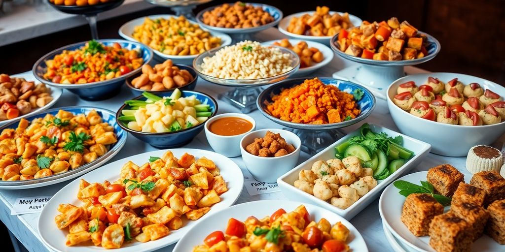 อาหารจัดเลี้ยงหลากหลายชนิดบนโต๊ะสวยงาม