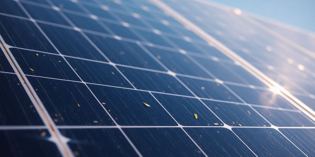 Solar panel on a roof, blue sky.