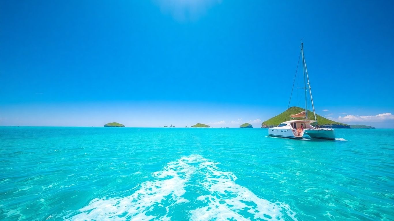 Catamaran sailing on turquoise water near US Virgin Islands.