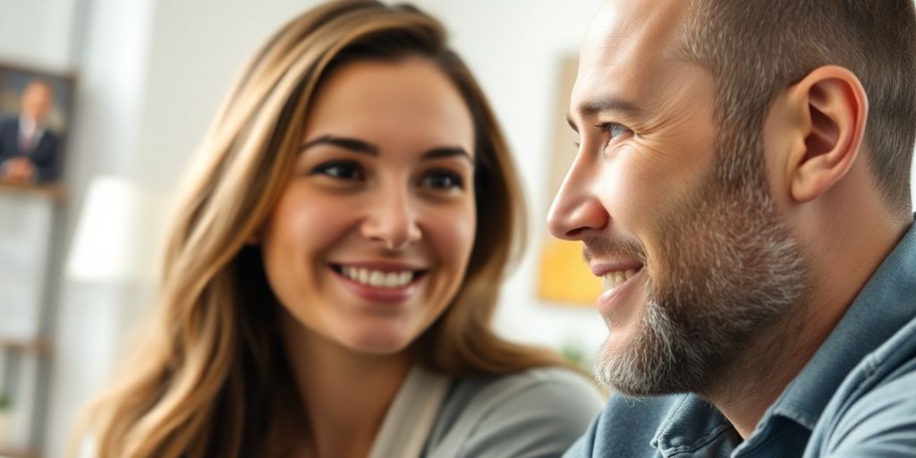 Two people connecting, warm, open, engaged.