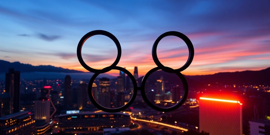 Olympic rings over a vibrant city skyline.