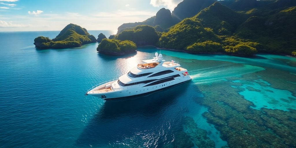 Luxury yacht in Raja Ampat's stunning tropical waters.
